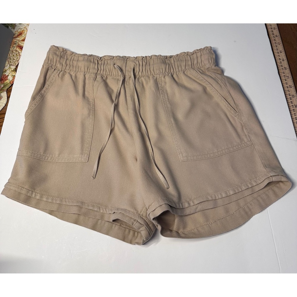 Dash Women Tan Khaki High Waisted Cotton Rayon Elastic Drawstring Shorts Size M